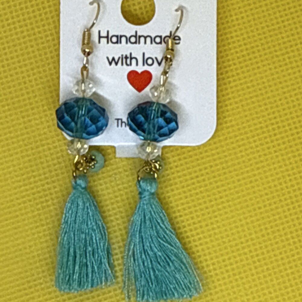 Handcrafted Bohemian Tassel Beaded Earrings Turquoise Gold Thread Glass